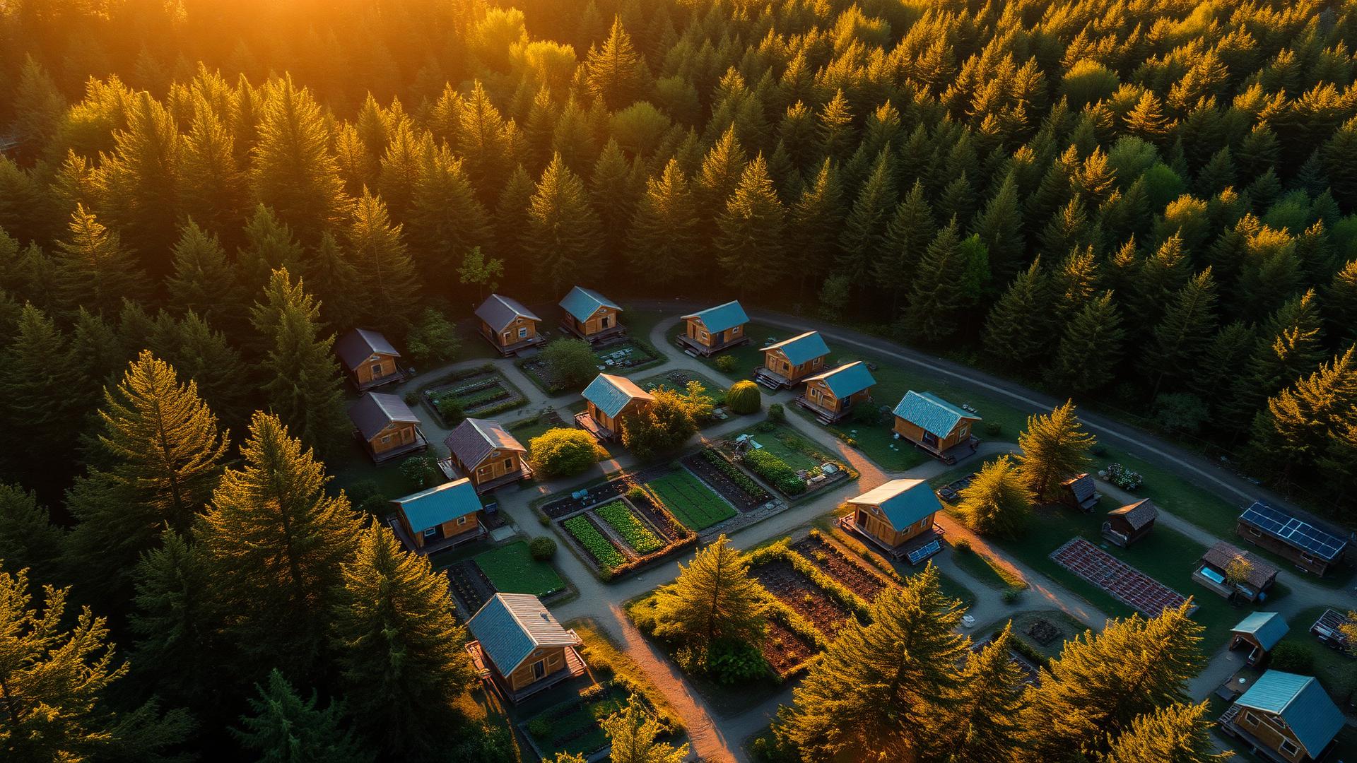 Aerial view of a tiny home village in a forest at golden hour