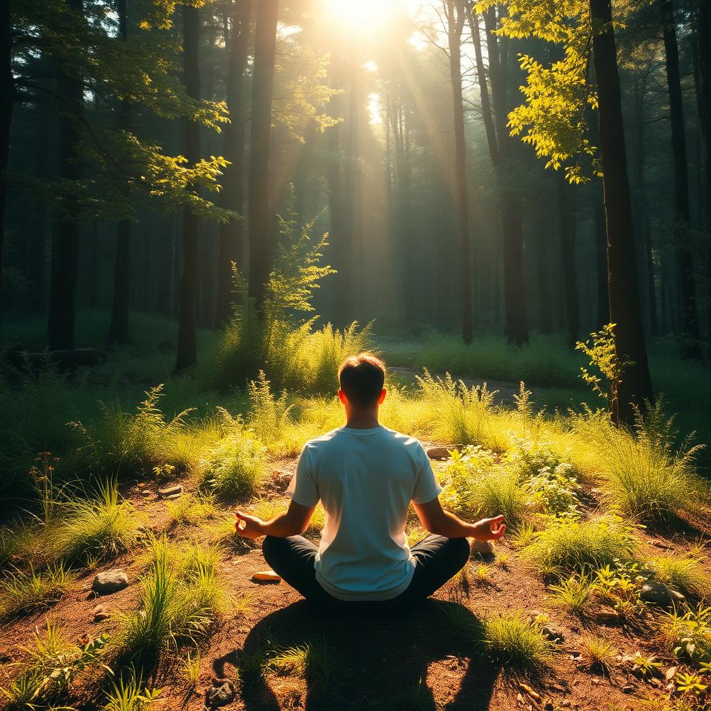 A person meditating in a sunlit forest clearing